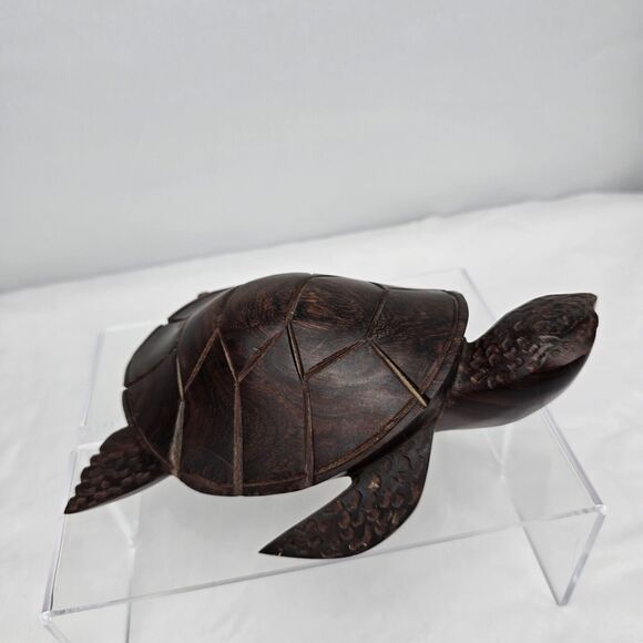 Turtle Figure Wood Hand Carved Beautiful Details Dark Brown Solid 8" x 5.75" - Picture 3 of 12